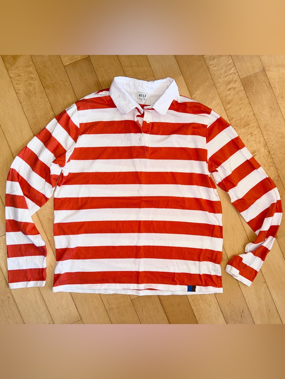 KULE Orange & White Striped Long-Sleeve Rugby Polo - small